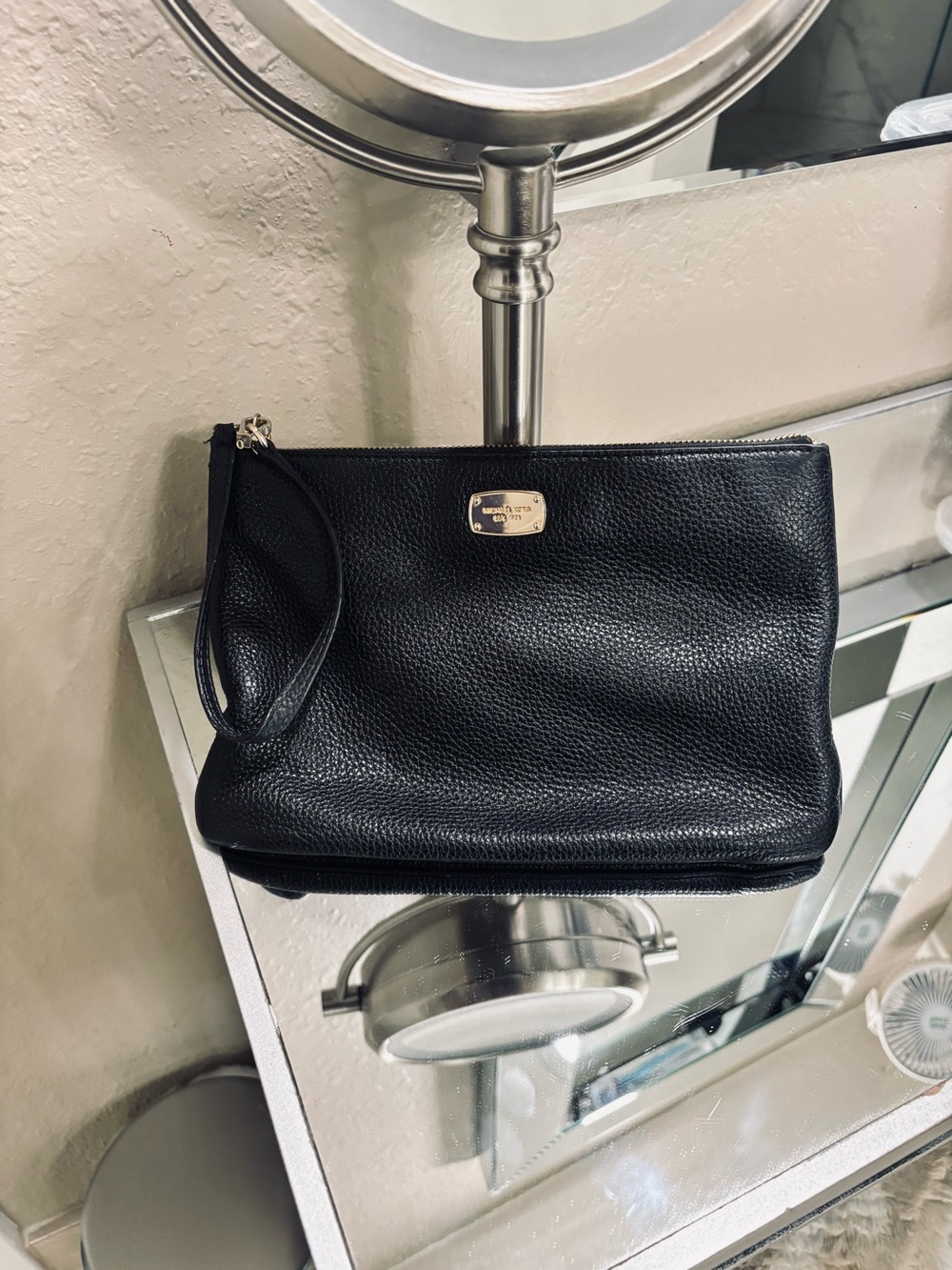 Michael Kors Black Pebbled Leather Toiletry Bag with Gold Plate purse